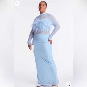 Fashion Nova Light Blue Feather-Trim Maxi Dress